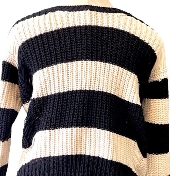 Sandro Stripe Distressed Knit Sweater, Black & Cream,  size EU 2/Med, US 4-6 - Picture 13 of 16